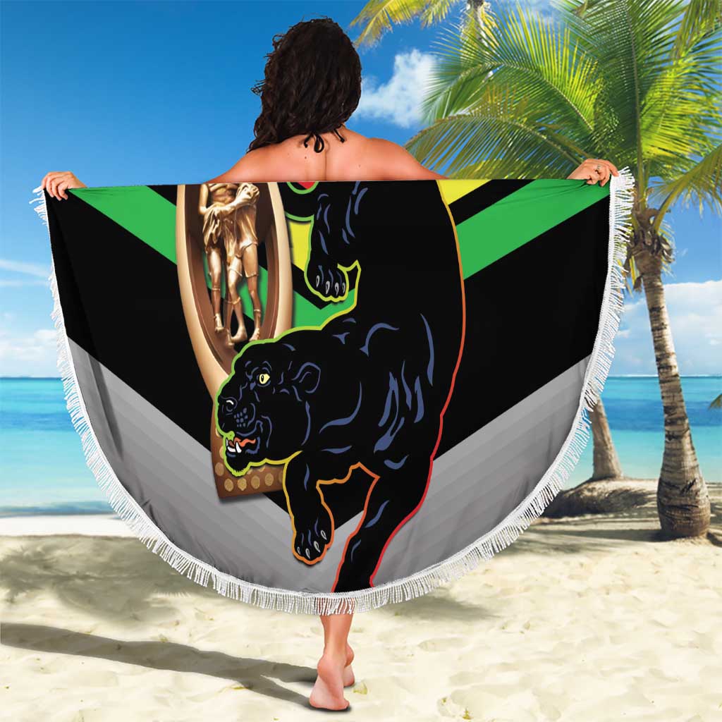 Personalised Panthers Rugby 2024 Beach Blanket Mascot With Trophy Go Champions Aboriginal Art
