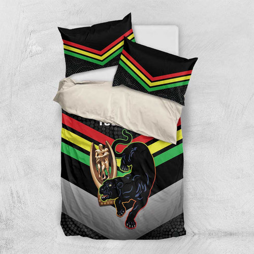 Personalised Panthers Rugby 2024 Bedding Set Mascot With Trophy Go Champions Aboriginal Art