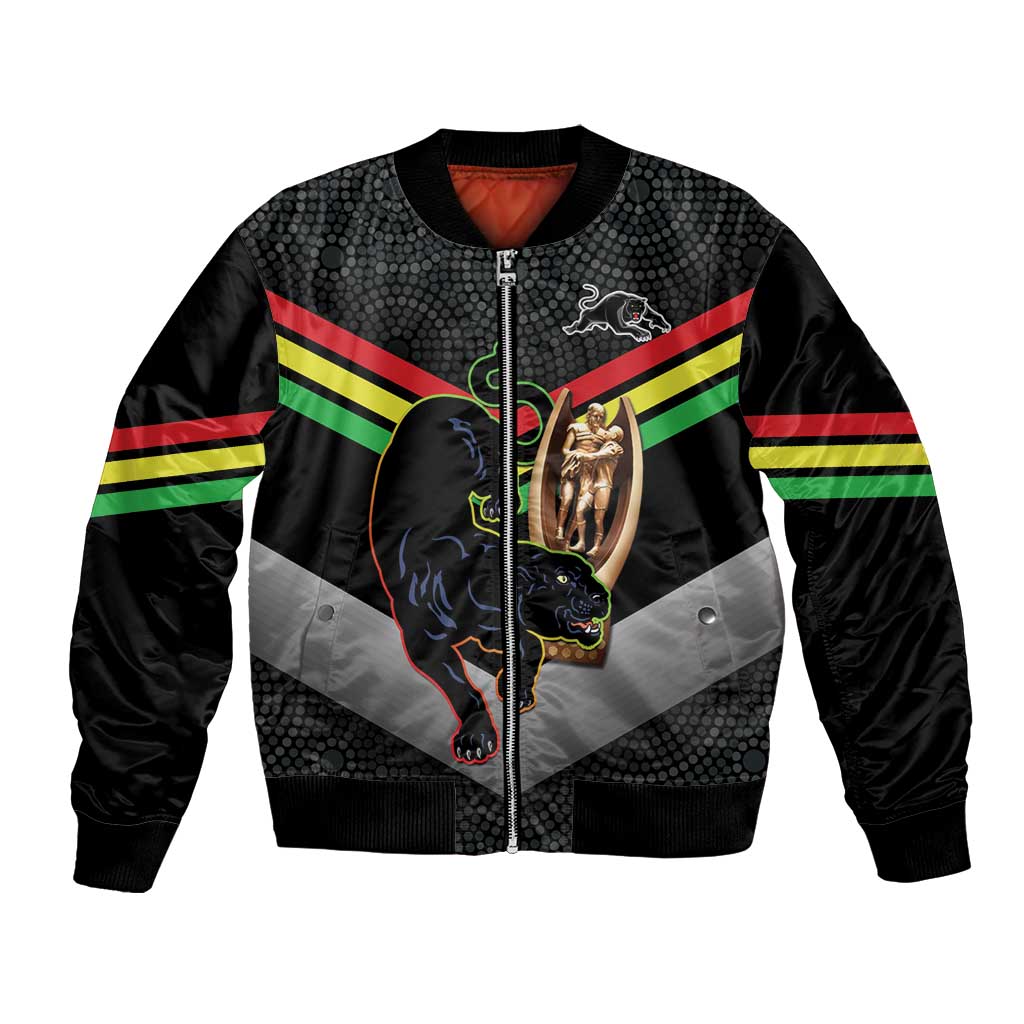 Personalised Panthers Rugby 2024 Bomber Jacket Mascot With Trophy Go Champions Aboriginal Art