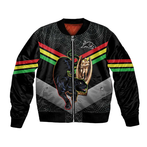 Personalised Panthers Rugby 2024 Bomber Jacket Mascot With Trophy Go Champions Aboriginal Art