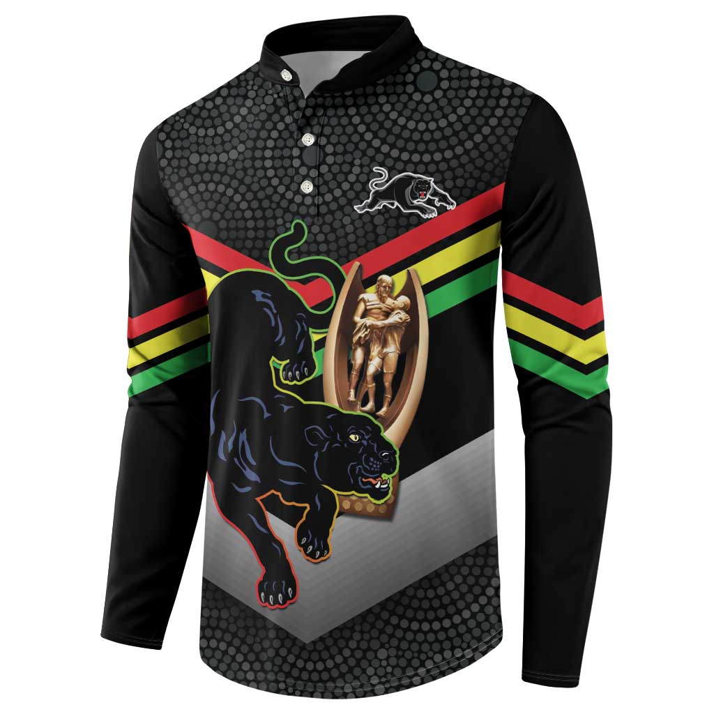 Personalised Panthers Rugby 2024 Button Sweatshirt Mascot With Trophy Go Champions Aboriginal Art