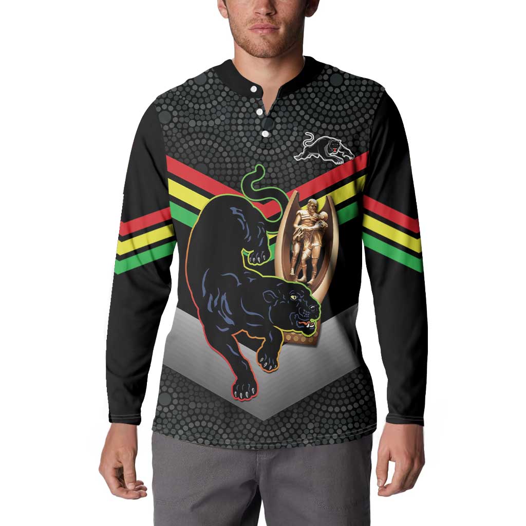 Personalised Panthers Rugby 2024 Button Sweatshirt Mascot With Trophy Go Champions Aboriginal Art