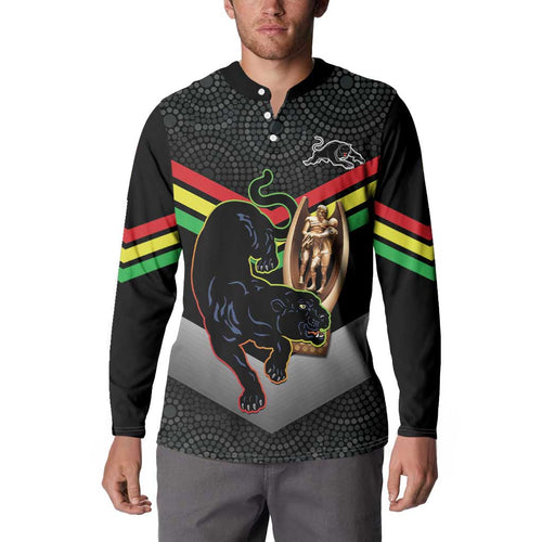 Personalised Panthers Rugby 2024 Button Sweatshirt Mascot With Trophy Go Champions Aboriginal Art