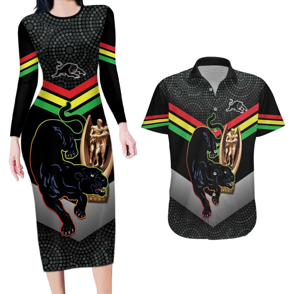 Personalised Panthers Rugby 2024 Couples Matching Long Sleeve Bodycon Dress and Hawaiian Shirt Mascot With Trophy Go Champions Aboriginal Art
