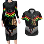 Personalised Panthers Rugby 2024 Couples Matching Long Sleeve Bodycon Dress and Hawaiian Shirt Mascot With Trophy Go Champions Aboriginal Art