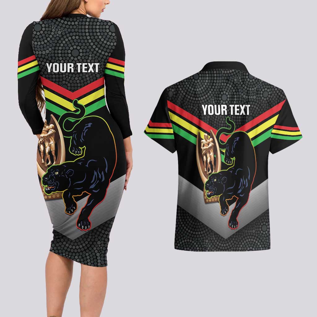 Personalised Panthers Rugby 2024 Couples Matching Long Sleeve Bodycon Dress and Hawaiian Shirt Mascot With Trophy Go Champions Aboriginal Art