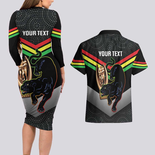Personalised Panthers Rugby 2024 Couples Matching Long Sleeve Bodycon Dress and Hawaiian Shirt Mascot With Trophy Go Champions Aboriginal Art