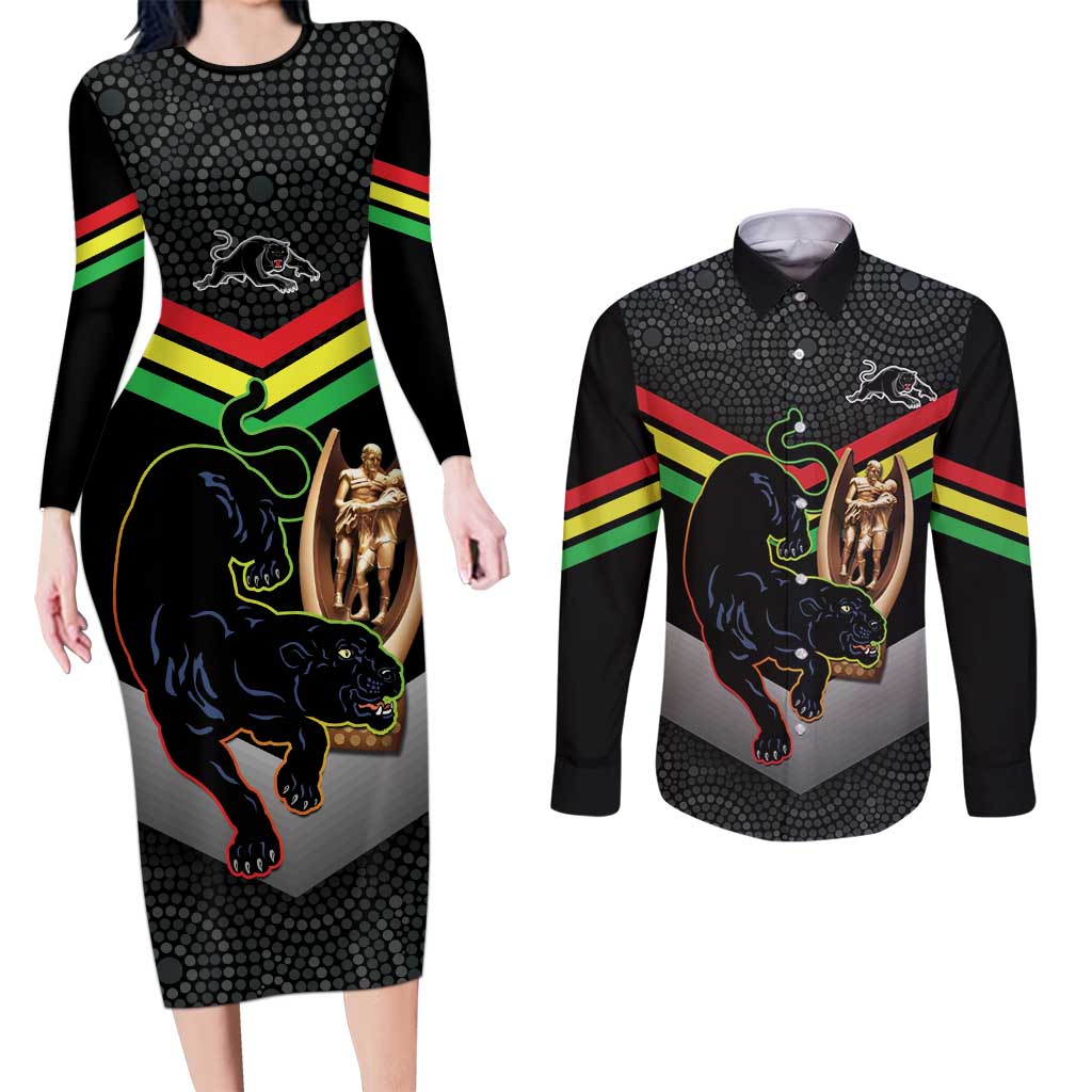 Personalised Panthers Rugby 2024 Couples Matching Long Sleeve Bodycon Dress and Long Sleeve Button Shirt Mascot With Trophy Go Champions Aboriginal Art