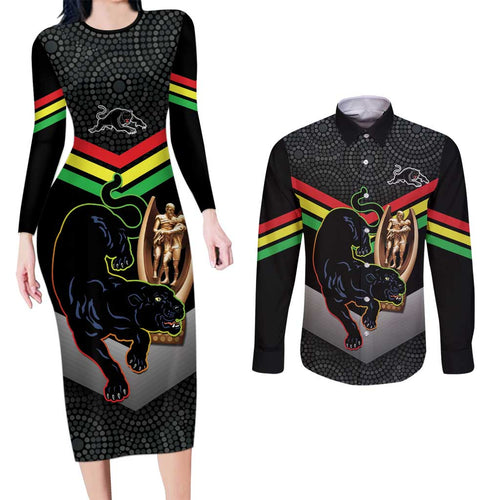 Personalised Panthers Rugby 2024 Couples Matching Long Sleeve Bodycon Dress and Long Sleeve Button Shirt Mascot With Trophy Go Champions Aboriginal Art