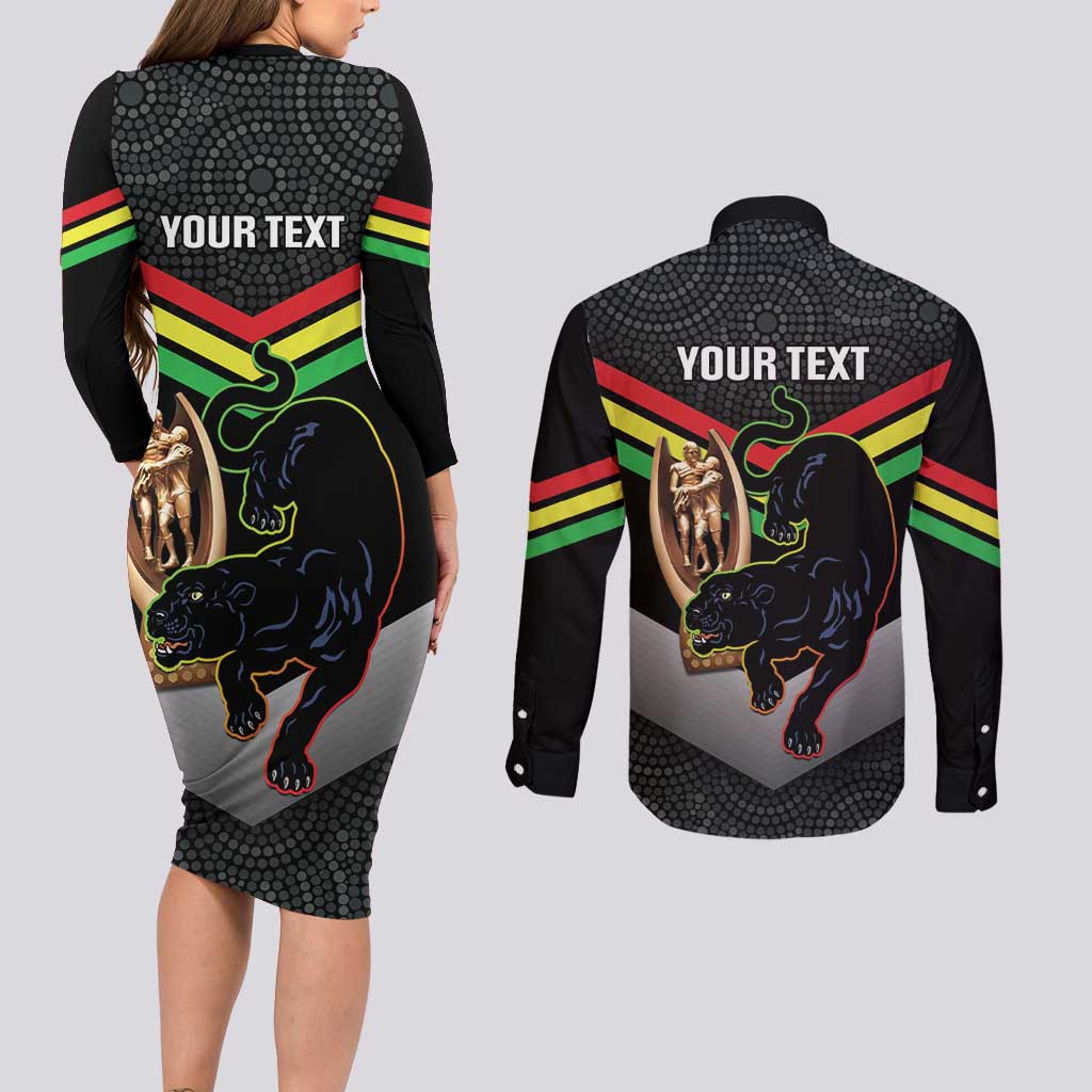 Personalised Panthers Rugby 2024 Couples Matching Long Sleeve Bodycon Dress and Long Sleeve Button Shirt Mascot With Trophy Go Champions Aboriginal Art