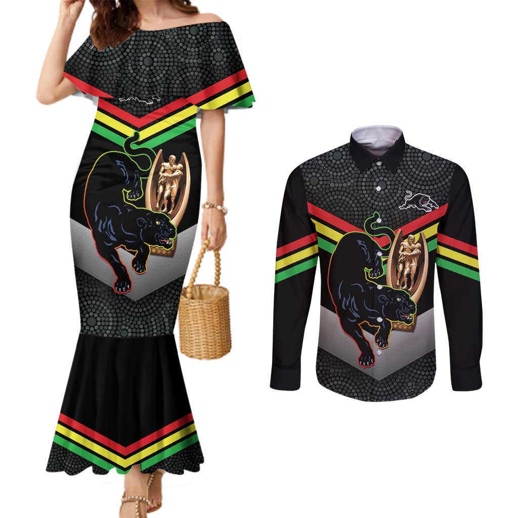 Personalised Panthers Rugby 2024 Couples Matching Mermaid Dress and Long Sleeve Button Shirt Mascot With Trophy Go Champions Aboriginal Art