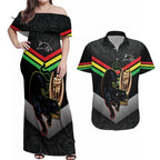 Personalised Panthers Rugby 2024 Couples Matching Off Shoulder Maxi Dress and Hawaiian Shirt Mascot With Trophy Go Champions Aboriginal Art