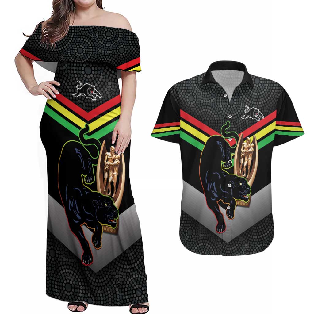Personalised Panthers Rugby 2024 Couples Matching Off Shoulder Maxi Dress and Hawaiian Shirt Mascot With Trophy Go Champions Aboriginal Art