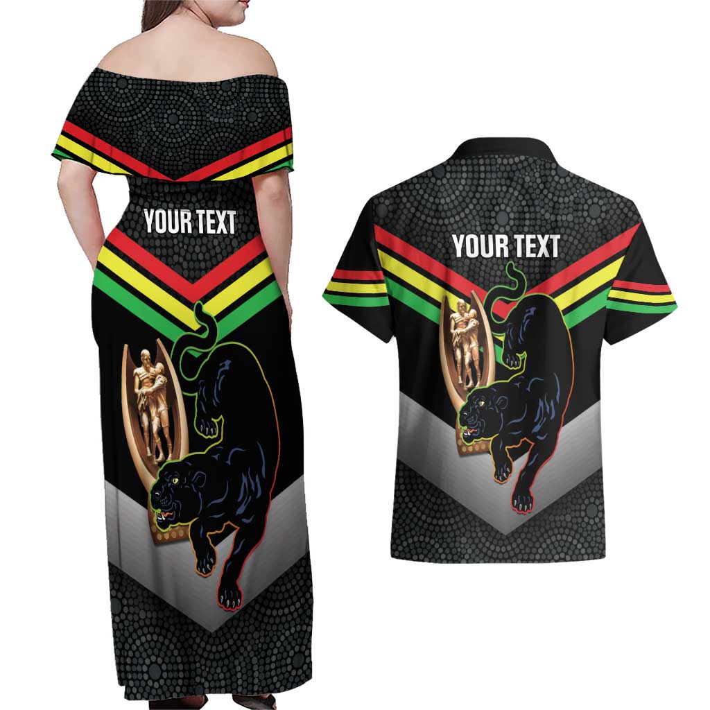 Personalised Panthers Rugby 2024 Couples Matching Off Shoulder Maxi Dress and Hawaiian Shirt Mascot With Trophy Go Champions Aboriginal Art