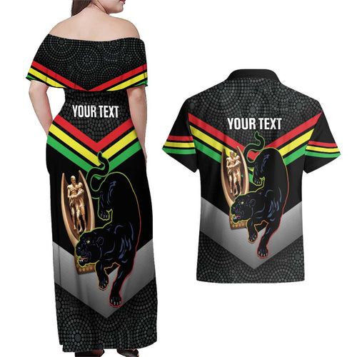 Personalised Panthers Rugby 2024 Couples Matching Off Shoulder Maxi Dress and Hawaiian Shirt Mascot With Trophy Go Champions Aboriginal Art