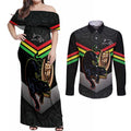 Personalised Panthers Rugby 2024 Couples Matching Off Shoulder Maxi Dress and Long Sleeve Button Shirt Mascot With Trophy Go Champions Aboriginal Art