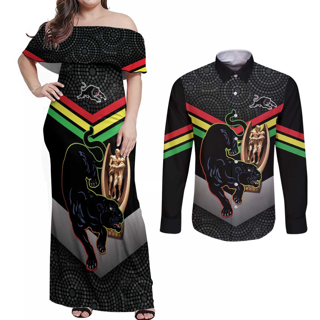 Personalised Panthers Rugby 2024 Couples Matching Off Shoulder Maxi Dress and Long Sleeve Button Shirt Mascot With Trophy Go Champions Aboriginal Art