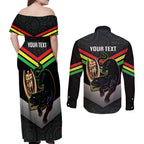 Personalised Panthers Rugby 2024 Couples Matching Off Shoulder Maxi Dress and Long Sleeve Button Shirt Mascot With Trophy Go Champions Aboriginal Art