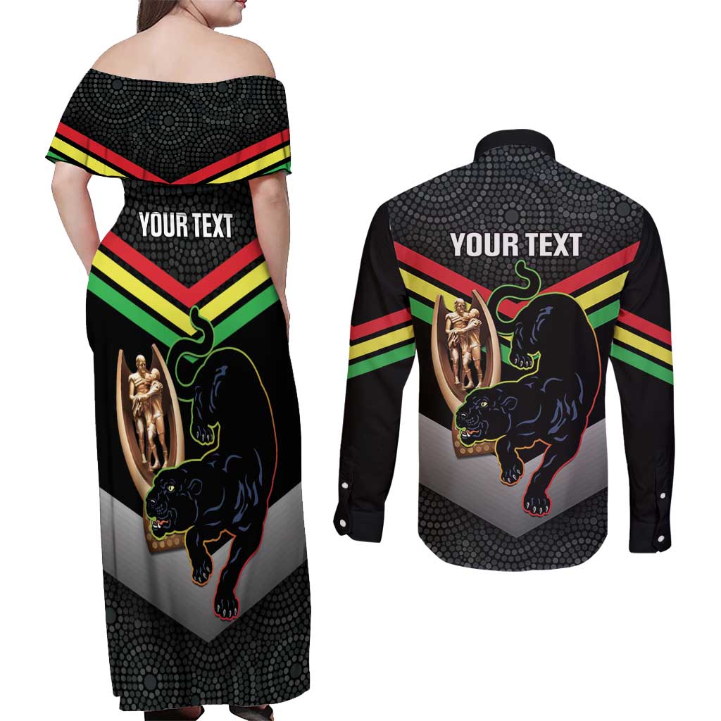 Personalised Panthers Rugby 2024 Couples Matching Off Shoulder Maxi Dress and Long Sleeve Button Shirt Mascot With Trophy Go Champions Aboriginal Art