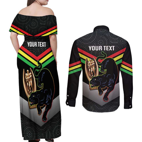 Personalised Panthers Rugby 2024 Couples Matching Off Shoulder Maxi Dress and Long Sleeve Button Shirt Mascot With Trophy Go Champions Aboriginal Art