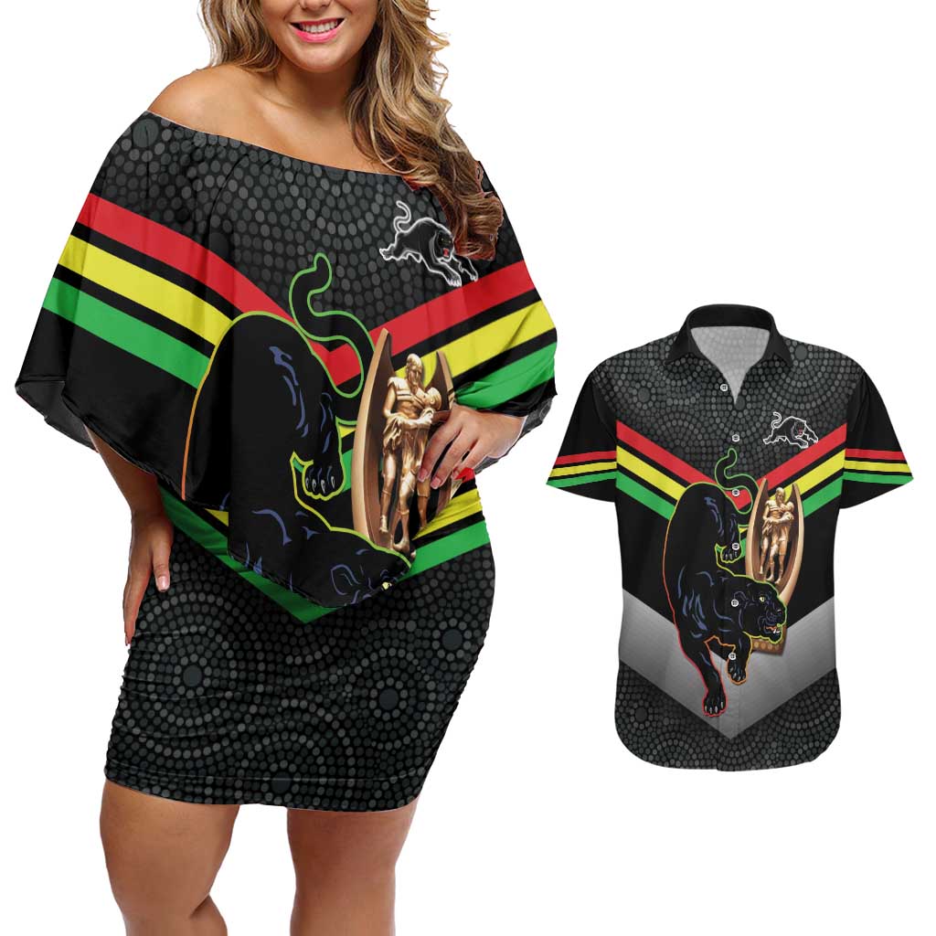 Personalised Panthers Rugby 2024 Couples Matching Off Shoulder Short Dress and Hawaiian Shirt Mascot With Trophy Go Champions Aboriginal Art
