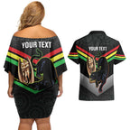 Personalised Panthers Rugby 2024 Couples Matching Off Shoulder Short Dress and Hawaiian Shirt Mascot With Trophy Go Champions Aboriginal Art