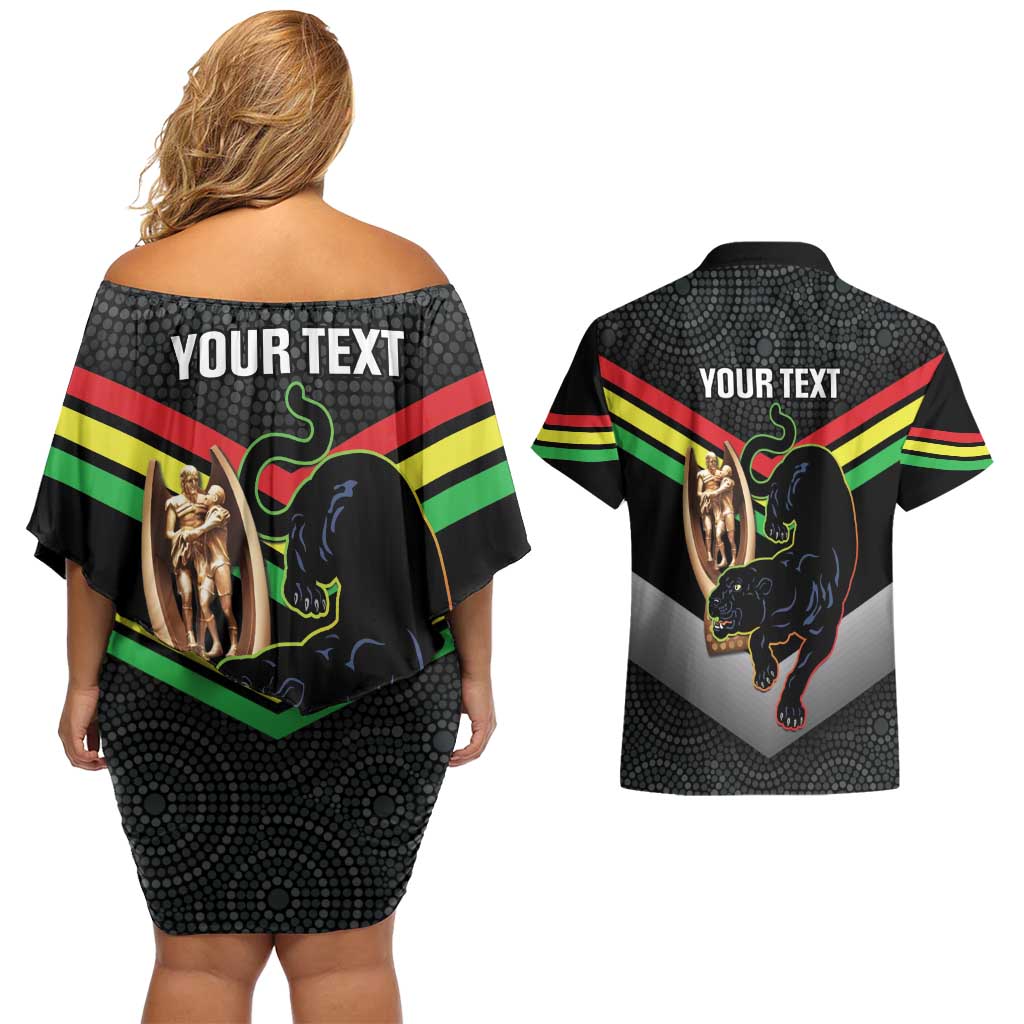 Personalised Panthers Rugby 2024 Couples Matching Off Shoulder Short Dress and Hawaiian Shirt Mascot With Trophy Go Champions Aboriginal Art
