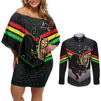 Personalised Panthers Rugby 2024 Couples Matching Off Shoulder Short Dress and Long Sleeve Button Shirt Mascot With Trophy Go Champions Aboriginal Art