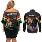 Personalised Panthers Rugby 2024 Couples Matching Off Shoulder Short Dress and Long Sleeve Button Shirt Mascot With Trophy Go Champions Aboriginal Art