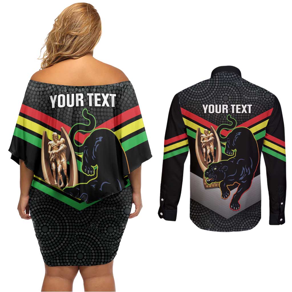 Personalised Panthers Rugby 2024 Couples Matching Off Shoulder Short Dress and Long Sleeve Button Shirt Mascot With Trophy Go Champions Aboriginal Art