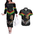 Personalised Panthers Rugby 2024 Couples Matching Off The Shoulder Long Sleeve Dress and Hawaiian Shirt Mascot With Trophy Go Champions Aboriginal Art