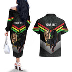 Personalised Panthers Rugby 2024 Couples Matching Off The Shoulder Long Sleeve Dress and Hawaiian Shirt Mascot With Trophy Go Champions Aboriginal Art