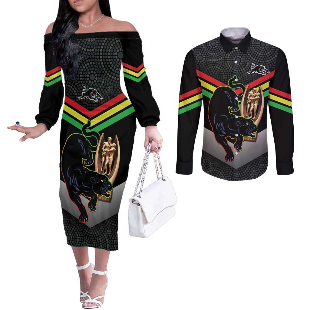 Personalised Panthers Rugby 2024 Couples Matching Off The Shoulder Long Sleeve Dress and Long Sleeve Button Shirt Mascot With Trophy Go Champions Aboriginal Art