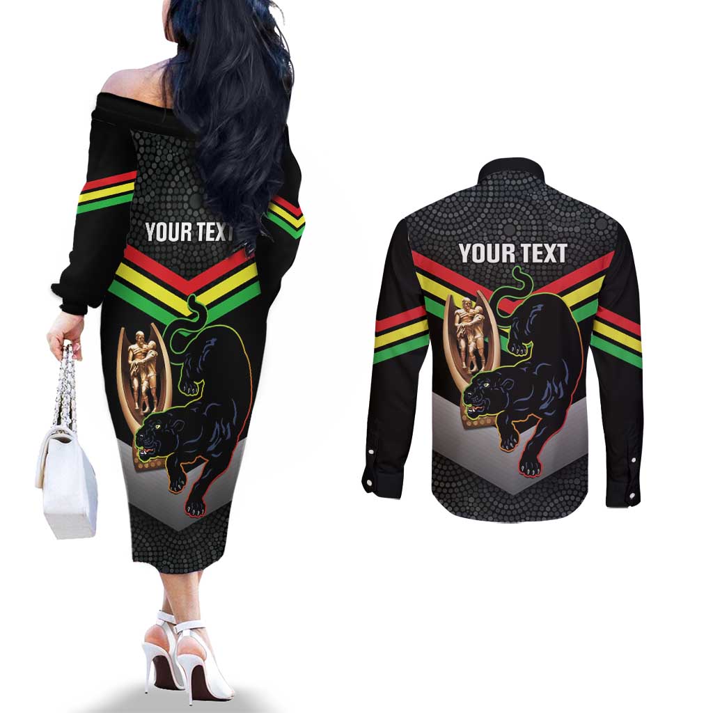 Personalised Panthers Rugby 2024 Couples Matching Off The Shoulder Long Sleeve Dress and Long Sleeve Button Shirt Mascot With Trophy Go Champions Aboriginal Art