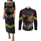 Personalised Panthers Rugby 2024 Couples Matching Puletasi and Long Sleeve Button Shirt Mascot With Trophy Go Champions Aboriginal Art