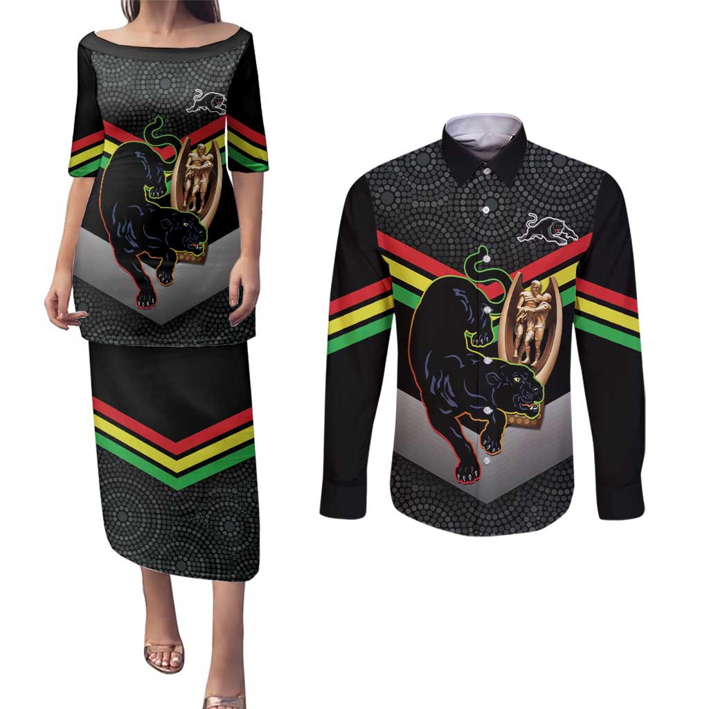 Personalised Panthers Rugby 2024 Couples Matching Puletasi and Long Sleeve Button Shirt Mascot With Trophy Go Champions Aboriginal Art