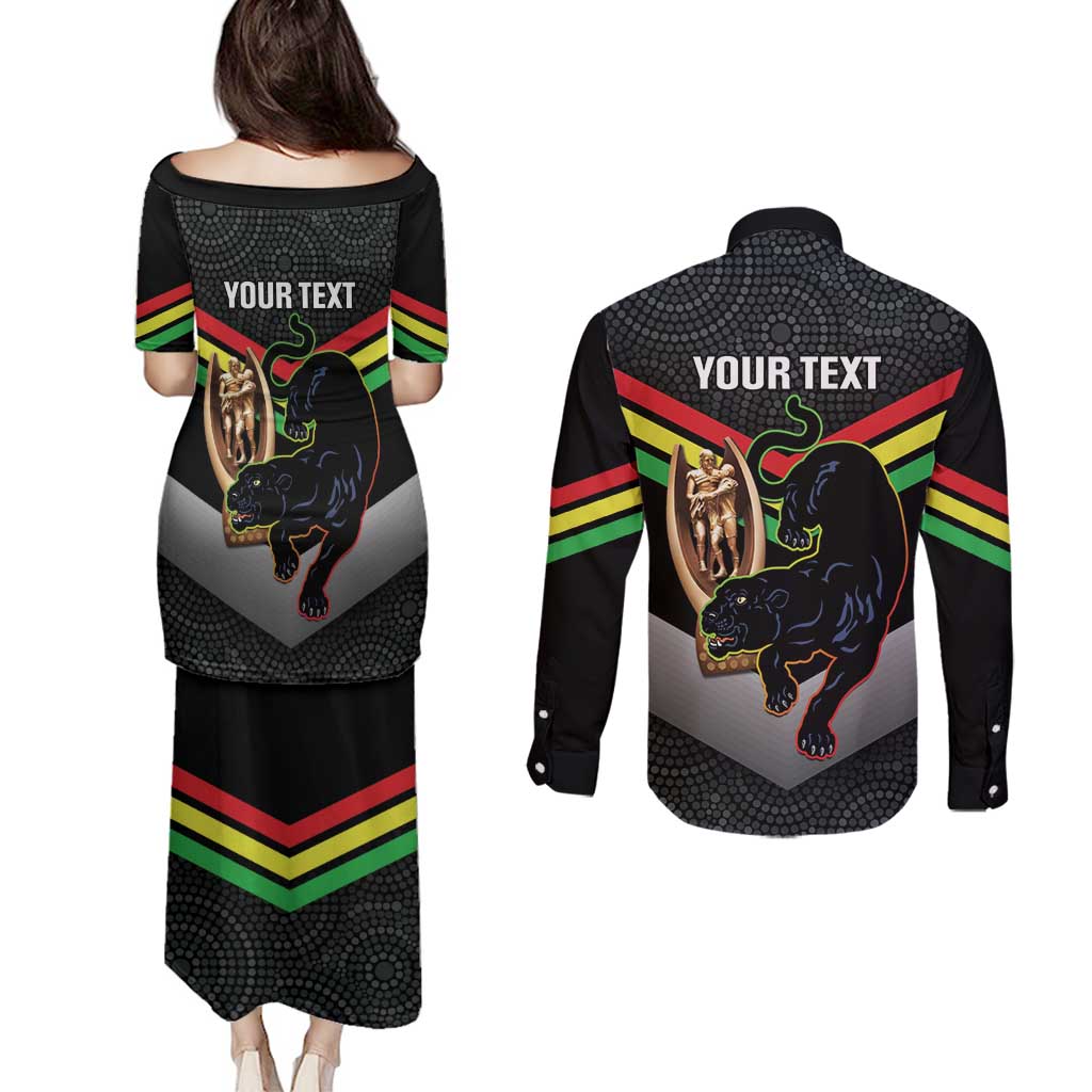 Personalised Panthers Rugby 2024 Couples Matching Puletasi and Long Sleeve Button Shirt Mascot With Trophy Go Champions Aboriginal Art