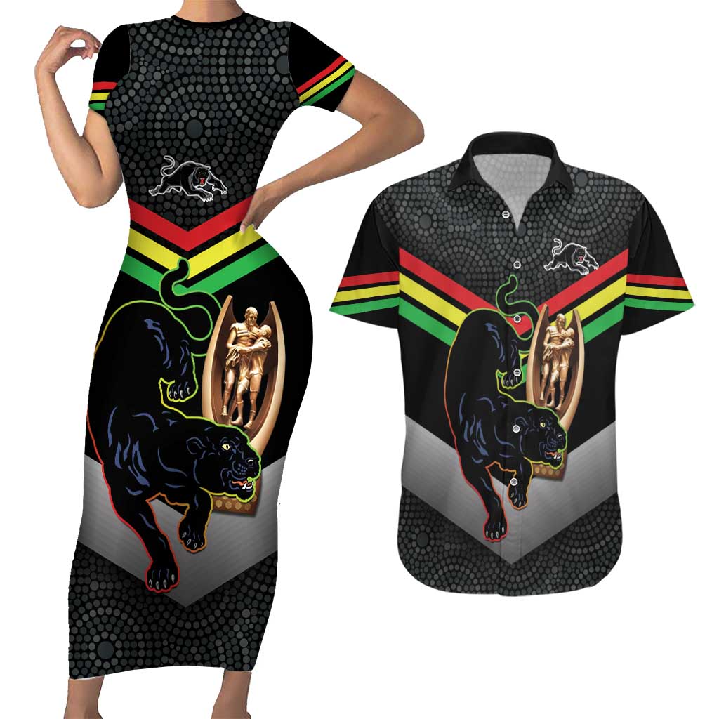 Personalised Panthers Rugby 2024 Couples Matching Short Sleeve Bodycon Dress and Hawaiian Shirt Mascot With Trophy Go Champions Aboriginal Art
