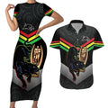 Personalised Panthers Rugby 2024 Couples Matching Short Sleeve Bodycon Dress and Hawaiian Shirt Mascot With Trophy Go Champions Aboriginal Art