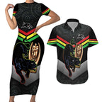 Personalised Panthers Rugby 2024 Couples Matching Short Sleeve Bodycon Dress and Hawaiian Shirt Mascot With Trophy Go Champions Aboriginal Art