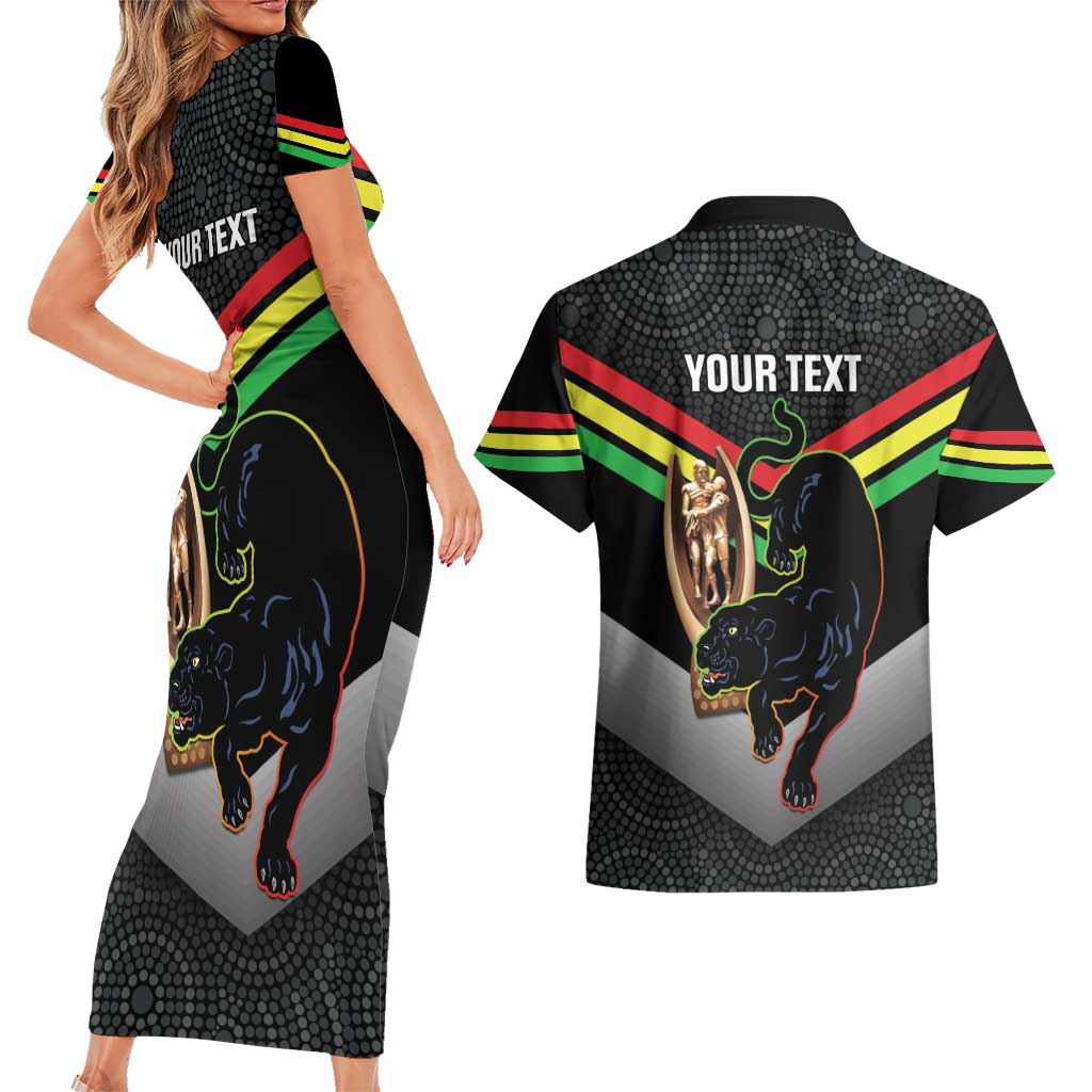 Personalised Panthers Rugby 2024 Couples Matching Short Sleeve Bodycon Dress and Hawaiian Shirt Mascot With Trophy Go Champions Aboriginal Art