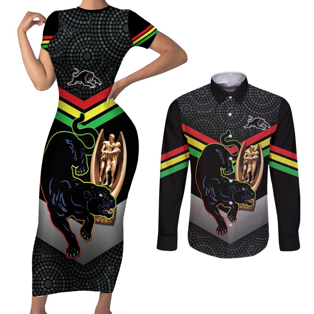 Personalised Panthers Rugby 2024 Couples Matching Short Sleeve Bodycon Dress and Long Sleeve Button Shirt Mascot With Trophy Go Champions Aboriginal Art
