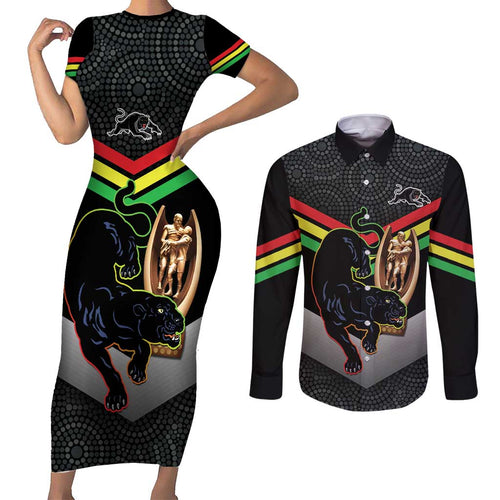 Personalised Panthers Rugby 2024 Couples Matching Short Sleeve Bodycon Dress and Long Sleeve Button Shirt Mascot With Trophy Go Champions Aboriginal Art