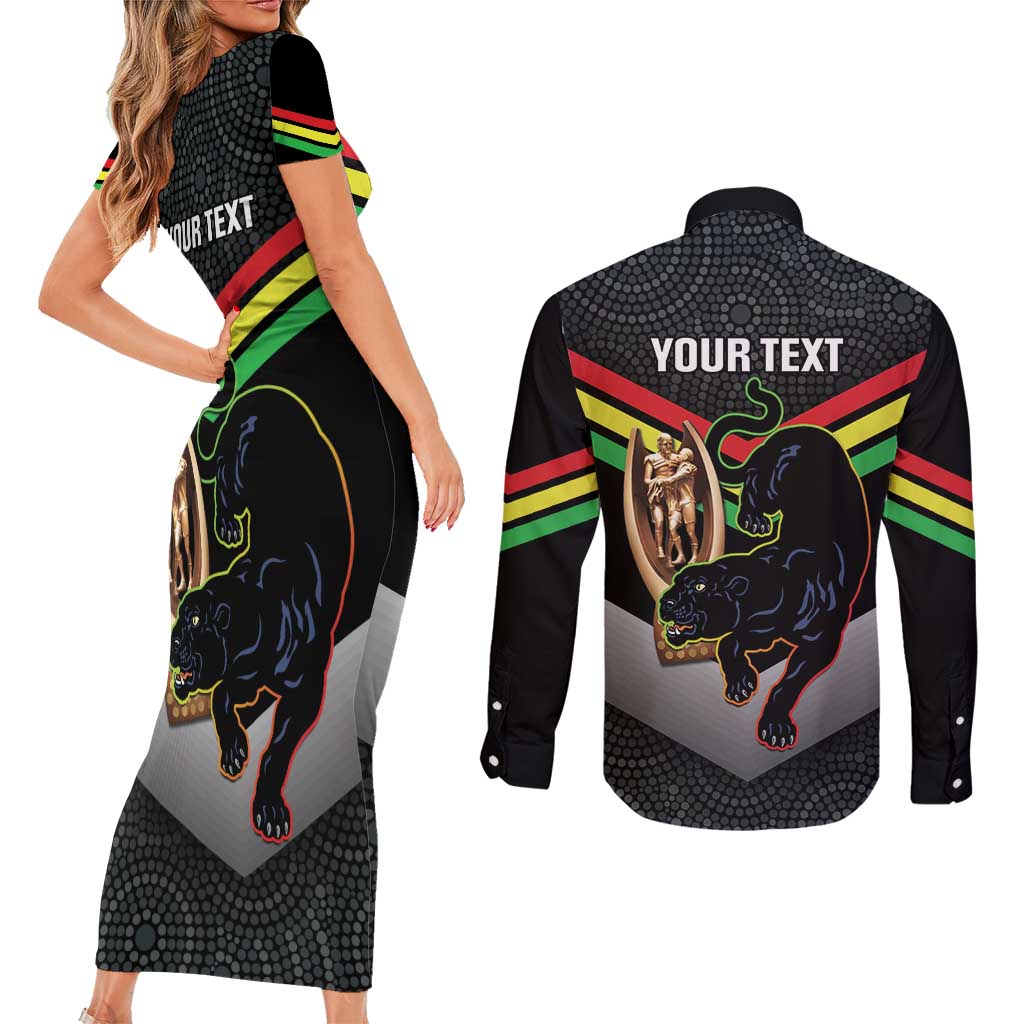 Personalised Panthers Rugby 2024 Couples Matching Short Sleeve Bodycon Dress and Long Sleeve Button Shirt Mascot With Trophy Go Champions Aboriginal Art