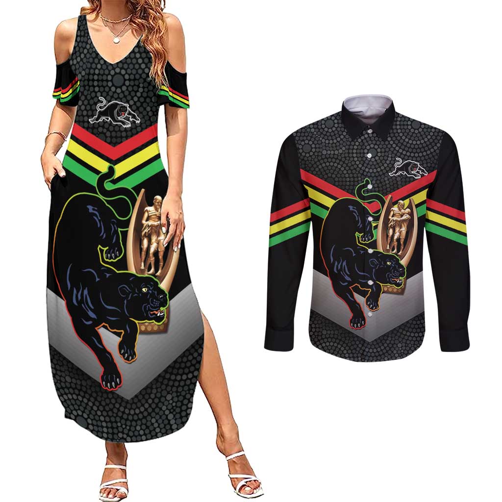 Personalised Panthers Rugby 2024 Couples Matching Summer Maxi Dress and Long Sleeve Button Shirt Mascot With Trophy Go Champions Aboriginal Art