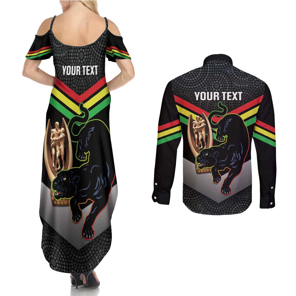 Personalised Panthers Rugby 2024 Couples Matching Summer Maxi Dress and Long Sleeve Button Shirt Mascot With Trophy Go Champions Aboriginal Art