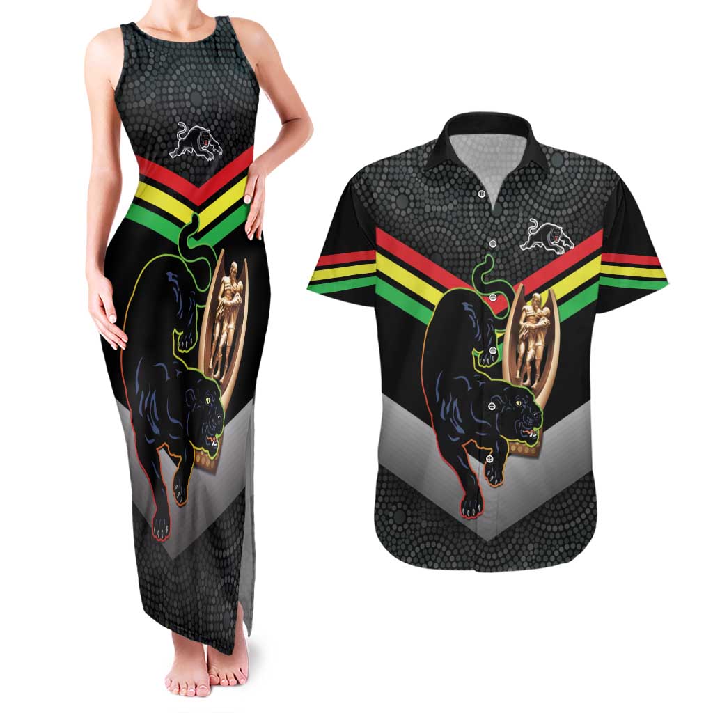 Personalised Panthers Rugby 2024 Couples Matching Tank Maxi Dress and Hawaiian Shirt Mascot With Trophy Go Champions Aboriginal Art