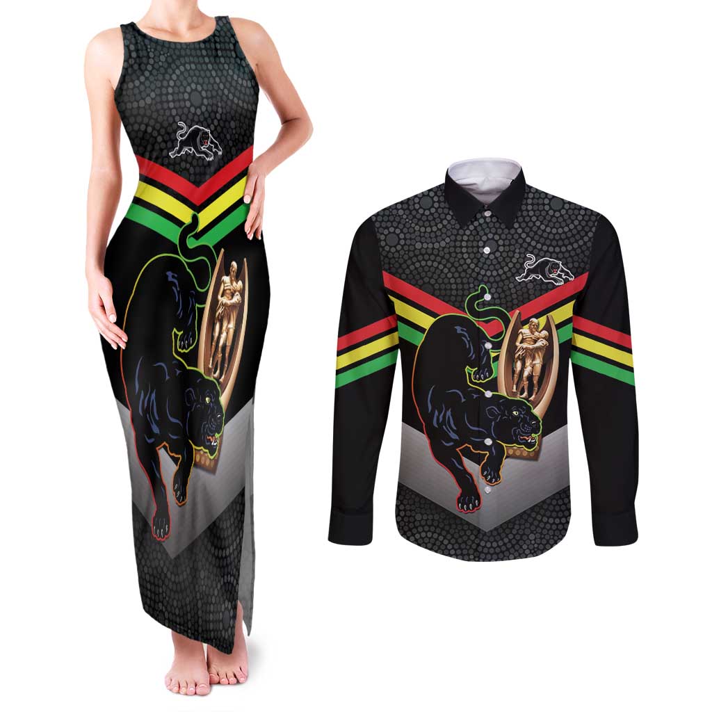 Personalised Panthers Rugby 2024 Couples Matching Tank Maxi Dress and Long Sleeve Button Shirt Mascot With Trophy Go Champions Aboriginal Art