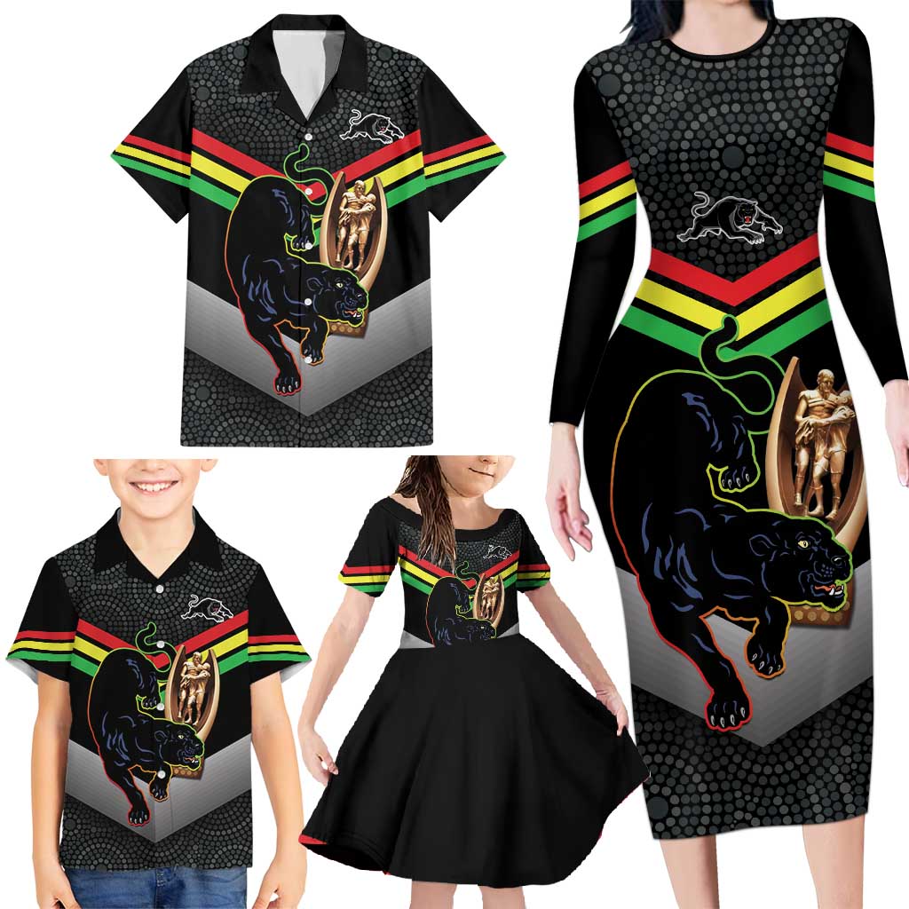 Personalised Panthers Rugby 2024 Family Matching Long Sleeve Bodycon Dress and Hawaiian Shirt Mascot With Trophy Go Champions Aboriginal Art