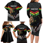 Personalised Panthers Rugby 2024 Family Matching Long Sleeve Bodycon Dress and Hawaiian Shirt Mascot With Trophy Go Champions Aboriginal Art